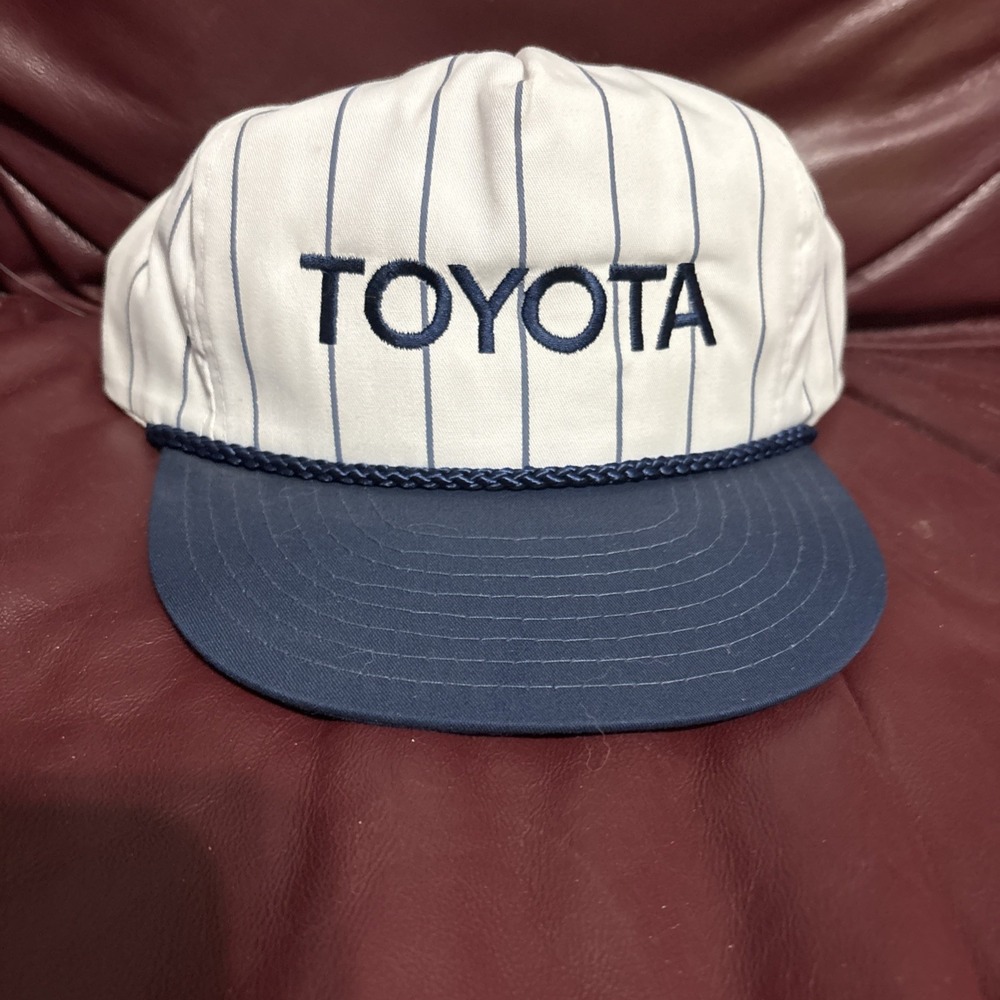Aesthetic Vtg 90s Toyota White And Blue Stripes Rope Hat SnapBack Rare Retro Cap